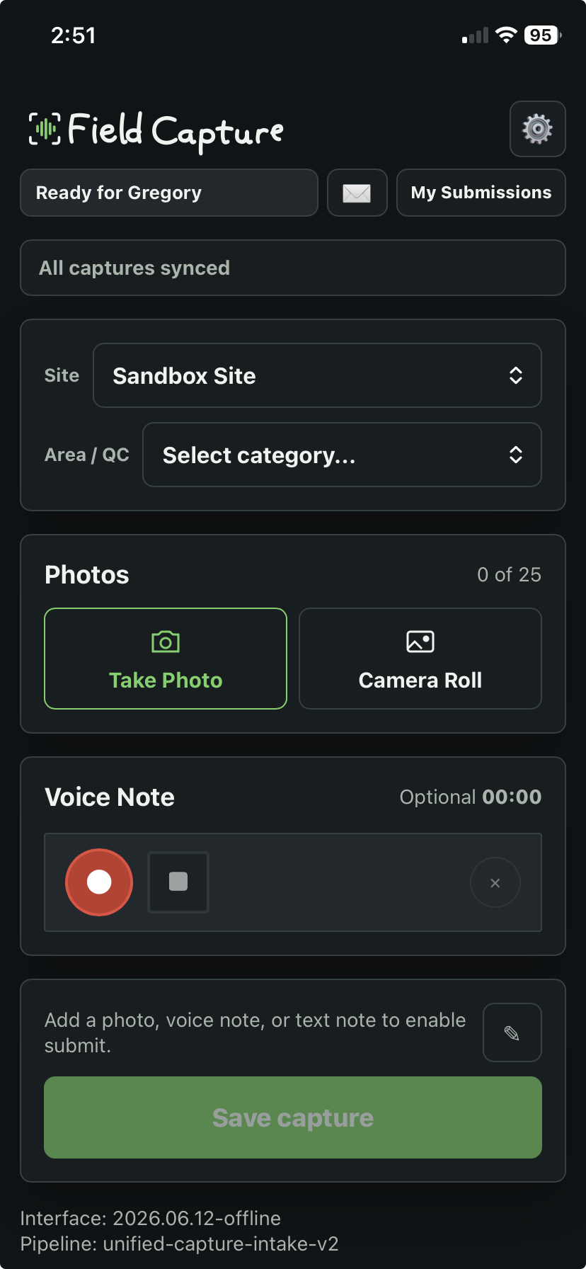 Field Capture mobile workflow for submitting site photos and observations.