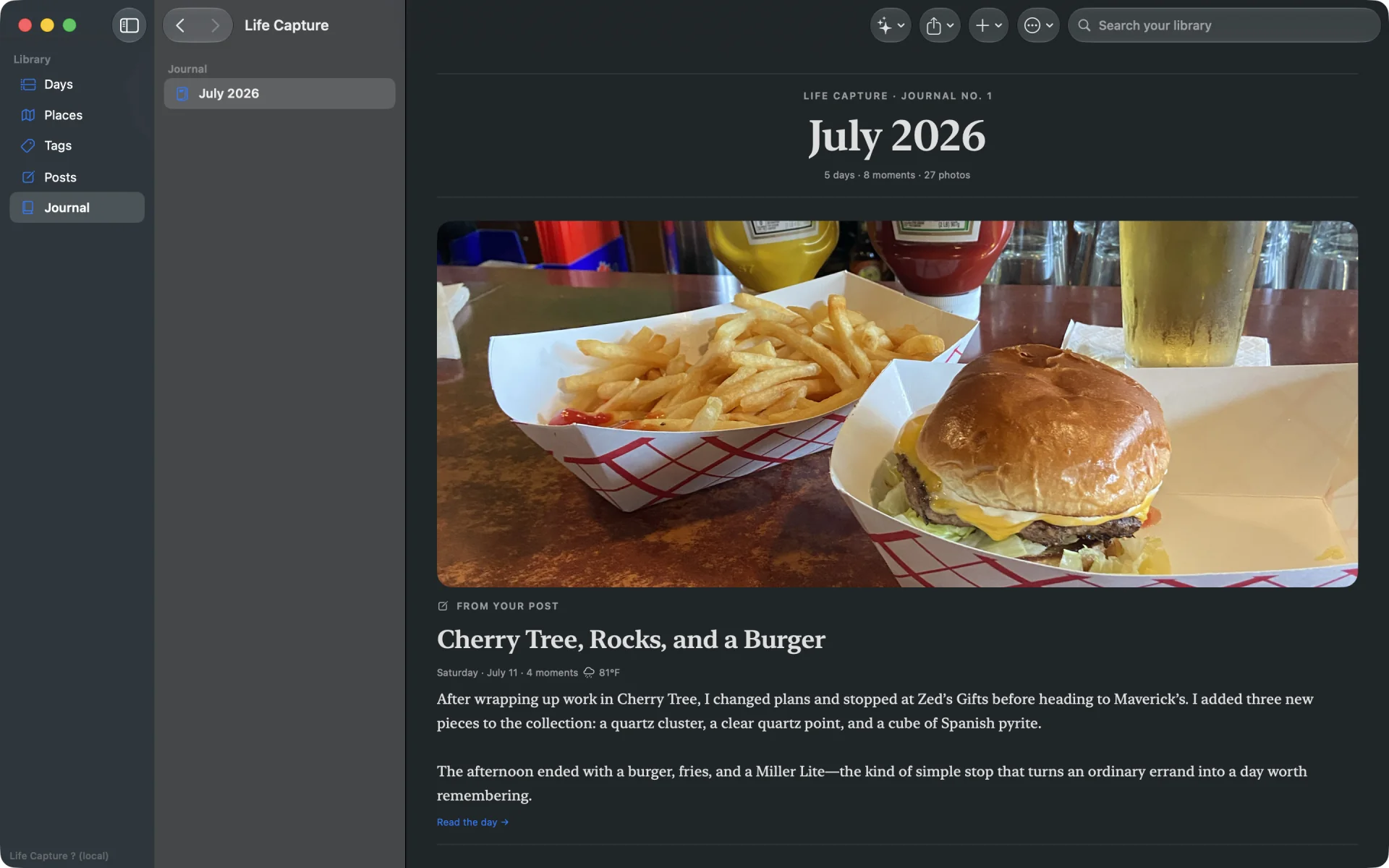 Life Capture Studio on Mac showing a searchable private journal.